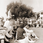 Daniel and Jean Aldrich host Town and Gown barbeque at University House, 1972.